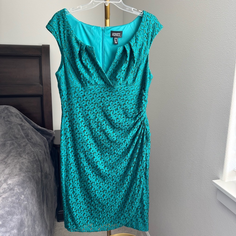 Adrianna Papell Teal Lace Sheath Dress Size 14 Ruched Wedding Guest Cocktail